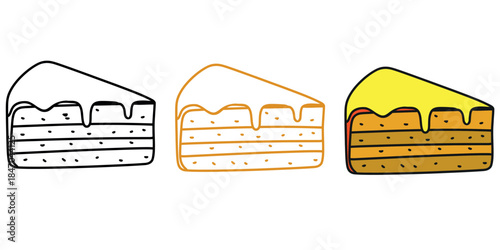 A collection of doodle style cake slices illustrating different stages of coloring and outlines