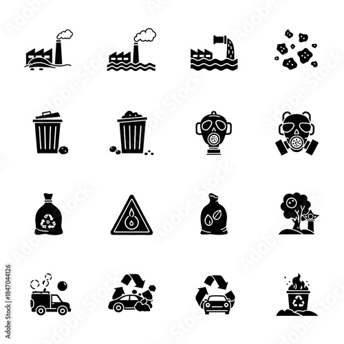 Set of environmental issue icons depicting industrial pollution, hazardous waste, overflowing garbage, and essential recycling efforts, emphasizing the global impact on nature