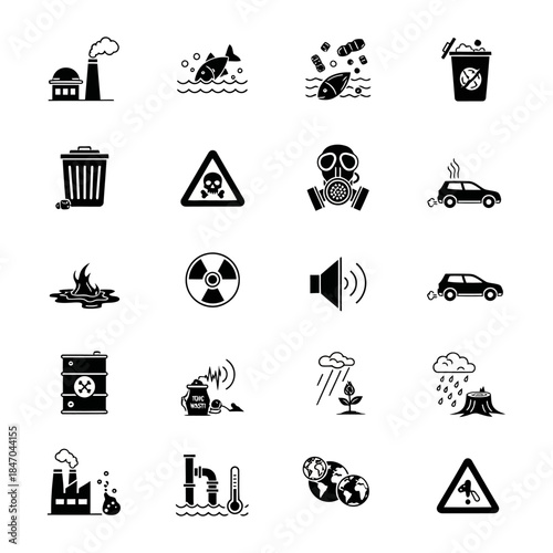 Set of icons representing pollution and environmental hazards, including industrial waste, contaminated water, air pollution, and nuclear waste