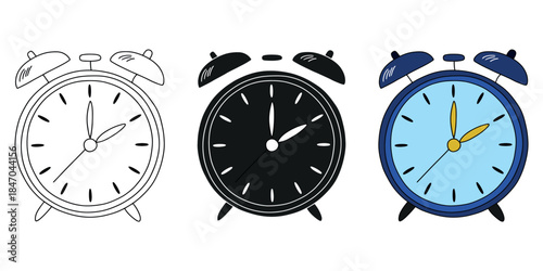 Three classic alarm clock illustrations: outline, solid black, and colorful designs
