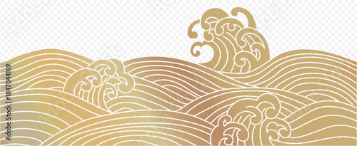 Japanese sea wave golden background vector. Dragon Boat Festival traditional waves Wallpaper design ocean wave pattern backdrop. Modern luxury oriental illustration for cover, banner, website,