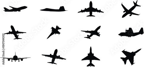 Silhouette of various military and civilian aircrafts in flight