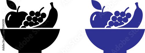 A vector graphic featuring two bowl icons, one in black and one in blue, each filled with a selection of fruit including apples, bananas, and grapes