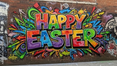 Vibrant graffiti Happy Easter on urban brick wall background