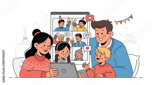 Happy family video calling friends on digital tablet at home