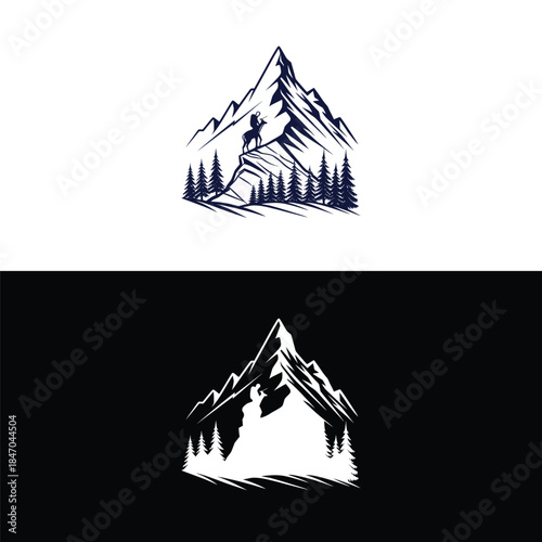 Majestic mountain landscape with horseback rider and pine trees in stunning contrast