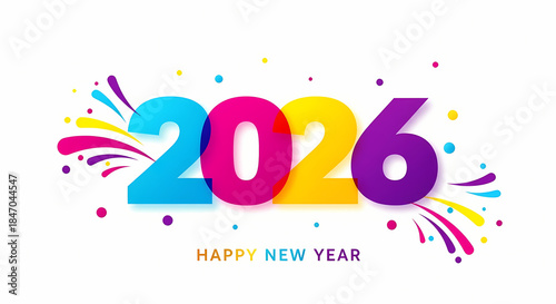 Colorful 2026 happy new year celebration graphic with confetti and sparks