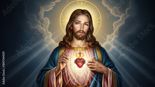 Image of Jesus Christ, light emanating from heart, halo, clouds, blue robes