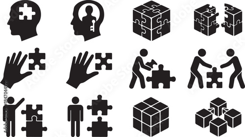 Puzzle pieces icons set problem solving, teamwork, strategy, thinking