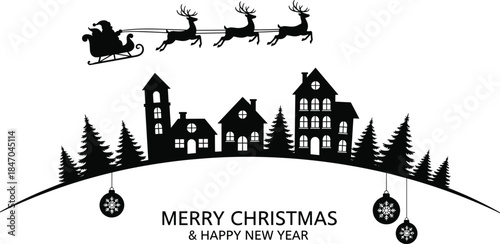 Merry Christmas and Happy New Year black silhouette, Santa Claus in sleigh with reindeer over winter town village, holiday greeting card vector illustration.