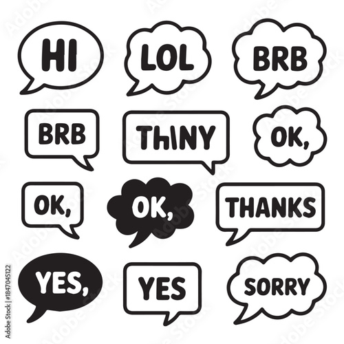 Vector Speech Bubbles Set: Hand-Drawn Chat Icons, Comic Doodles with Short Message Text like HI, LOL, OK, THANKS