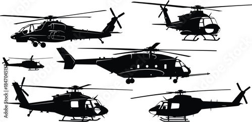 Military and civilian helicopter black silhouettes in various flight and ground positions, aviation transport vector illustration set, air vehicle rescue and combat graphic.