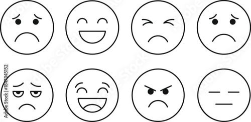 Minimalist Line Art Emoticon Set Vector Illustration, Diverse Face Expressions Depicting Sadness, Happiness, Anger, and Boredom, Outline Emoji Collection for Communication and Feedback Interface.