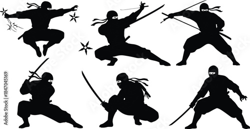 Ninja black silhouettes with swords, shuriken, and daggers in combat, action, and stealth poses, martial arts warrior vector illustration, mysterious assassin fighter set.