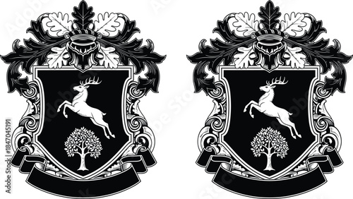 Ornate heraldic shield black crest with jumping deer and oak tree emblem, royal coat of arms logo design, elegant vintage medieval style vector illustration set.