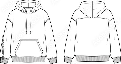 Blank pullover hoodie technical fashion illustration front and back view sweatshirt outline vector apparel mockup design template