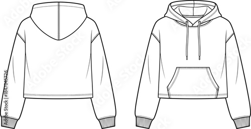 Women Cropped Hoodie Technical Line Drawing Showing Front and Back Views, Casual Streetwear Fashion Apparel Flat Design Template