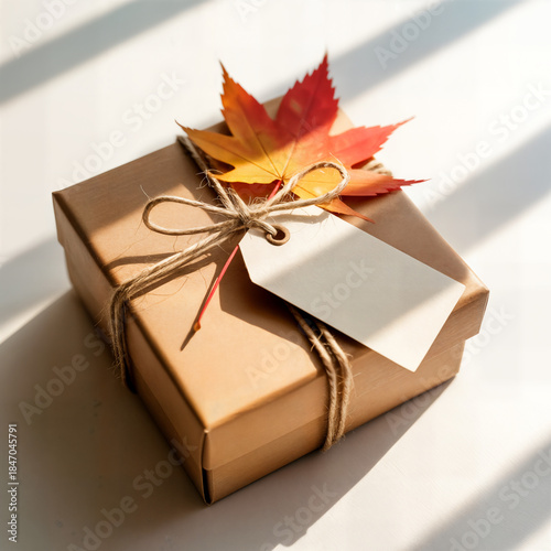 Wallpaper Mural "Autumn Gift Wrapped in Kraft Paper with Maple Leaves and Twine — Cozy Fall Present on Sunlit Surface" Torontodigital.ca