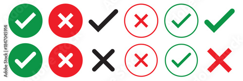 Set green approval check mark and red cross icons in circle and square, checklist signs, flat checkmark approval badge, isolated tick symbols