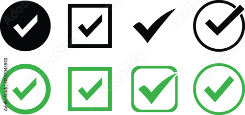 Check Mark and Tick Icon Set in Black and Green Styles for Approval, Confirmation, Validation, and UI Design – Vector Illustration