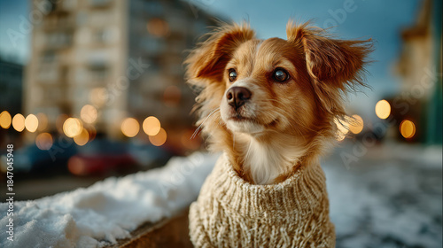 Fototapeta Naklejka Na Ścianę i Meble -  Chihuahua puppy in knitted sweater enjoying winter urban snow scene