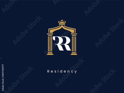 royal rr monogram logo with golden pillars, luxury real estate and law firm branding identity