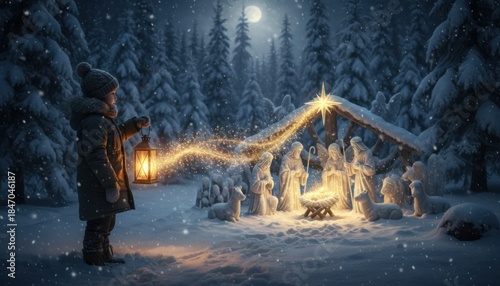Child holding a glowing lantern stands near a snowy Nativity scene with figures illuminated by a sparkling light trail under a full moon