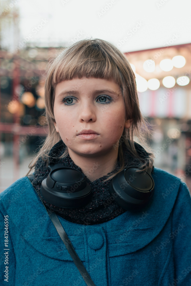 Fototapeta premium Sad teen girl at outdoor Christmas market in a snow-free city