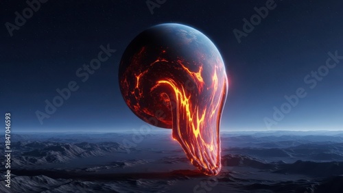 Molten planetoid partially melted on barren landscape