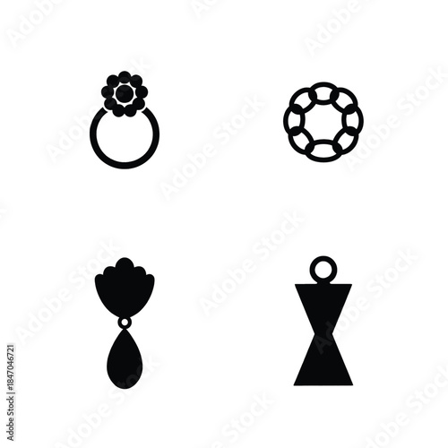 Set of Four Black Silhouette Icons of Jewelry and Pendants on White ring flower