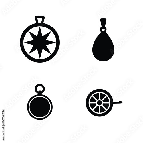 Four Black Silhouette Icons of Navigational and Decorative Objects on White Keywords: compass, rose, star