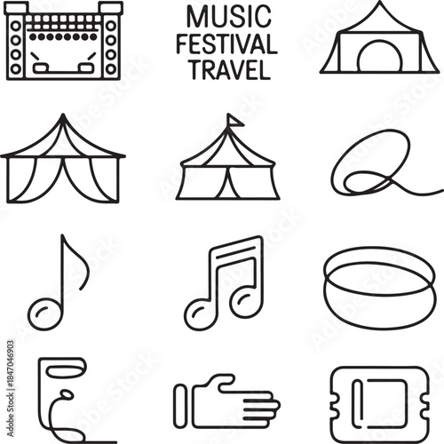 Music festival, concert stage, camping tent, event ticket, live performance, party wristband, musical note, crowd celebration, summer fun, line art vector