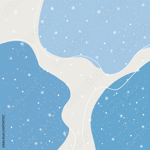 Winter-themed abstract vector illustration with soft blue and white curves depicting snow-covered landscapes. Falling snowflakes enhance the serene and tranquil feel