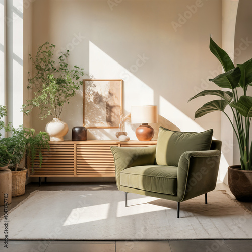 Wallpaper Mural "Bright Minimal Living Room with Green Armchair, Wooden Sideboard and Houseplants Bathed in Natural Sunlight — Modern Scandinavian Interior" Torontodigital.ca
