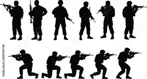 Soldier black silhouettes with rifle in various fighting poses, military combat collection vector illustration, army man standing and kneeling during a tactical mission.