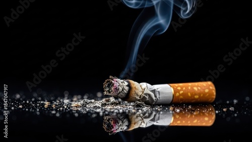 Smoldering cigarette butt on reflective surface, smoke rising against black