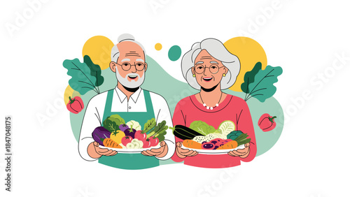 Happy senior couple holding plates of fresh vegetables, promoting a healthy diet and nutritious lifestyle for the elderly at home.