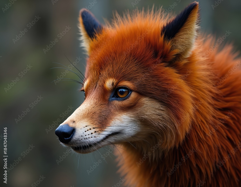 Obraz premium Red fox portrait close up profile outdoor forest setting. Wild animal fur detail texture macro shot. Alert mammal looking sideways with sharp eyes nose whiskers.