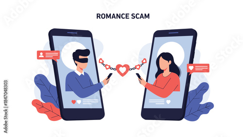 Romance scam concept showing a woman being tricked by a blindfolded man online, connected by a locked chain of hearts symbol.