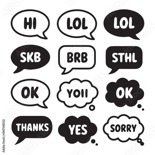Simple Black and White Speech Bubbles Set with Text - Vector Illustration