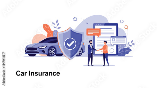 Two men shaking hands to finalize a car insurance deal, with the vehicle protected by a shield symbolizing safety and security.