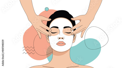 Woman relaxing with a cosmetic face mask while receiving a gentle facial massage for skin care and rejuvenation at a spa salon.