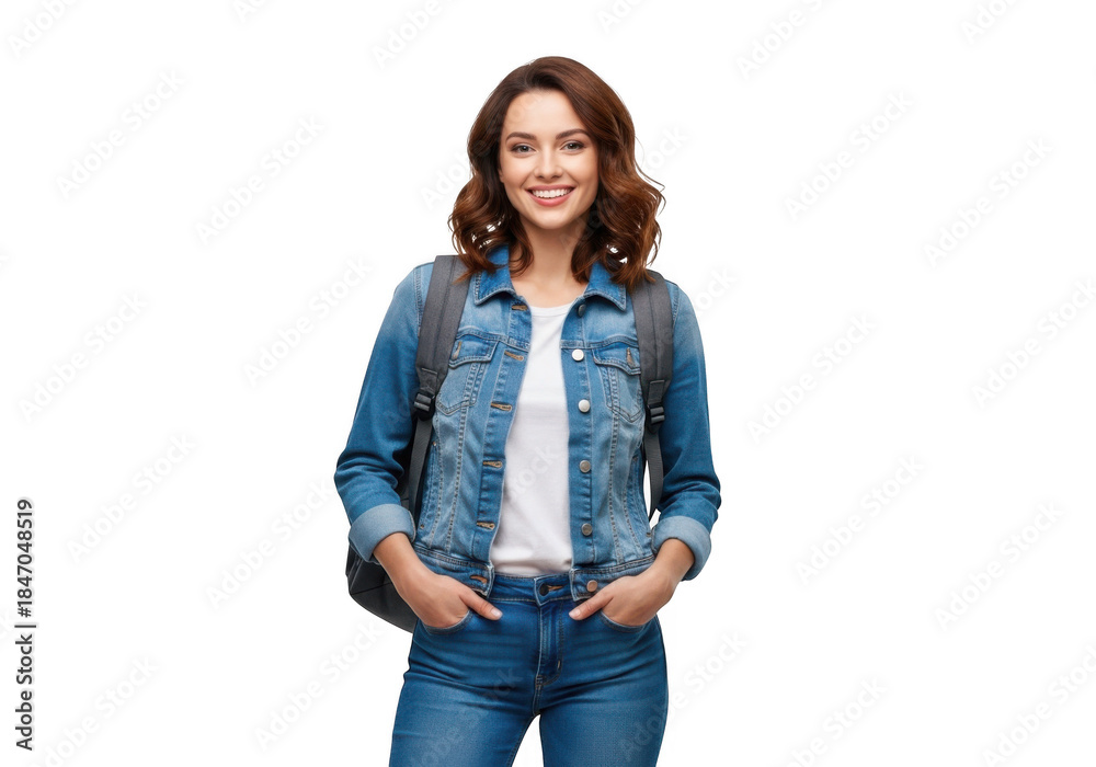 Obraz premium Young woman smiling with backpack isolated on transparent background
