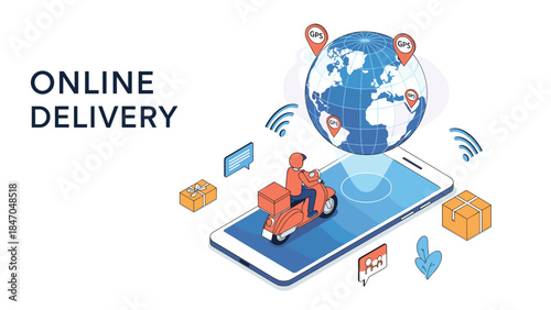 Isometric online delivery service concept with a courier on a scooter on a smartphone screen and a globe showing GPS locations.
