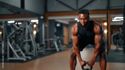 A focused individual performing a strength training exercise with a kettlebell in the gym Stock Video