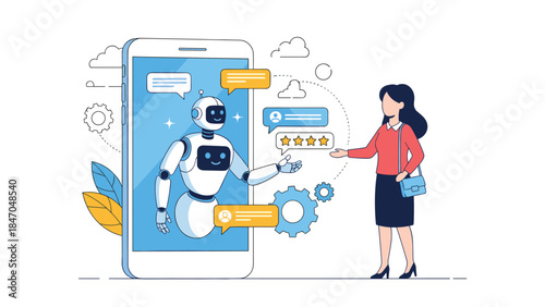 Woman communicating with an AI chatbot robot on her smartphone for customer service, getting help and leaving a star rating.