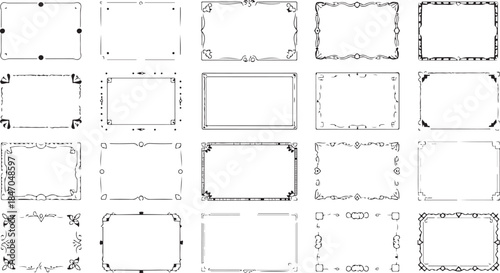 Assortment of decorative black and white hand-drawn rectangular frames and borders with intricate designs