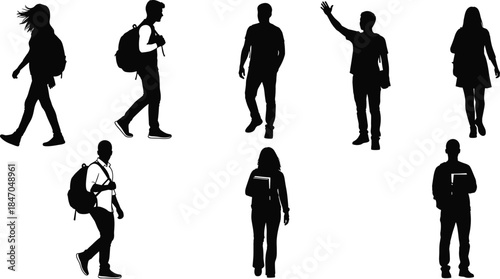 Students or young people black silhouettes walking, standing, and carrying backpack, education and university life vector illustration, diverse group of casual male and female figures.