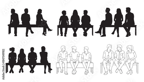 Sitting People Silhouette Vector – Men, Women & Teenagers on Bench or Chair, Profile View, Business Group, Isolated PNG
