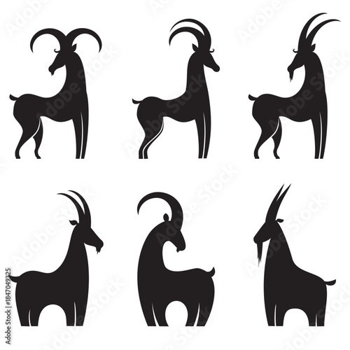 Set of black silhouette Goats icon isolated on white background. Vector illustration 